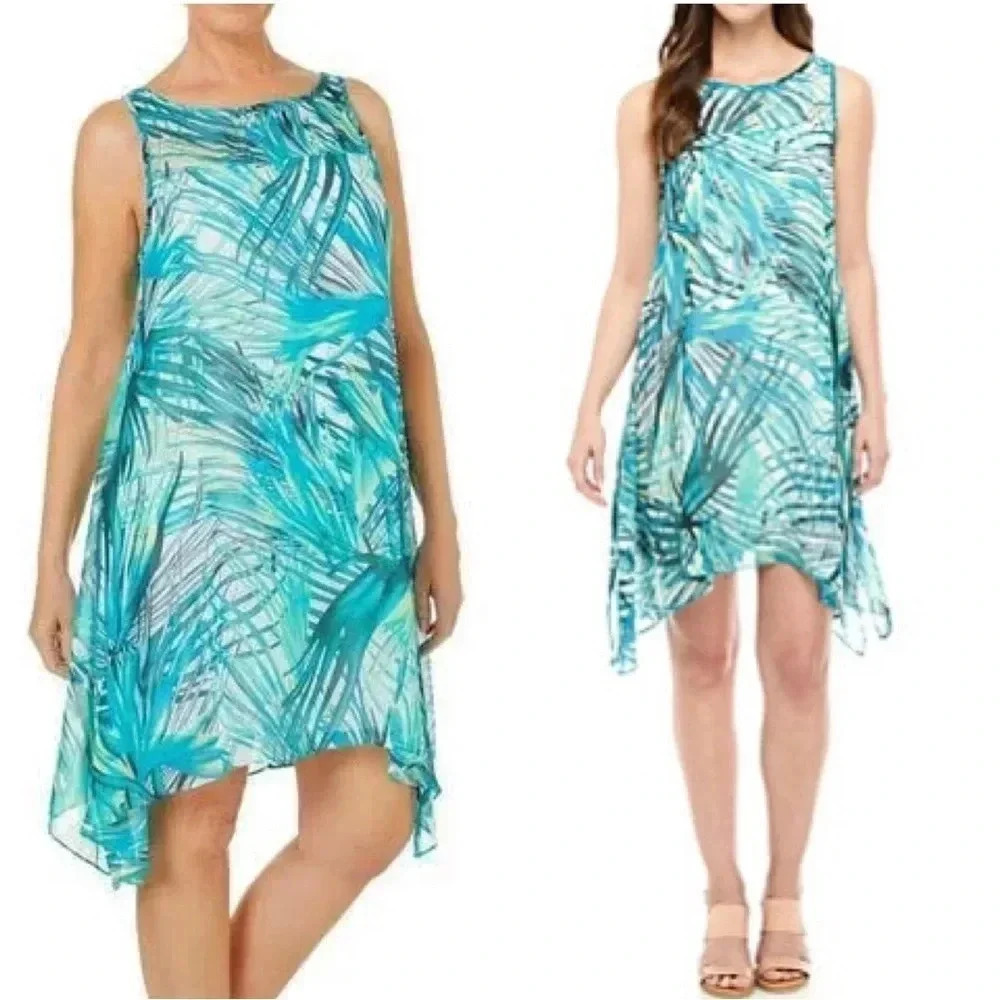 ROBBIE BEE | Tropical Palm Leaf Sharkbite Hem Chiffon A-Line Sundress Size 14
